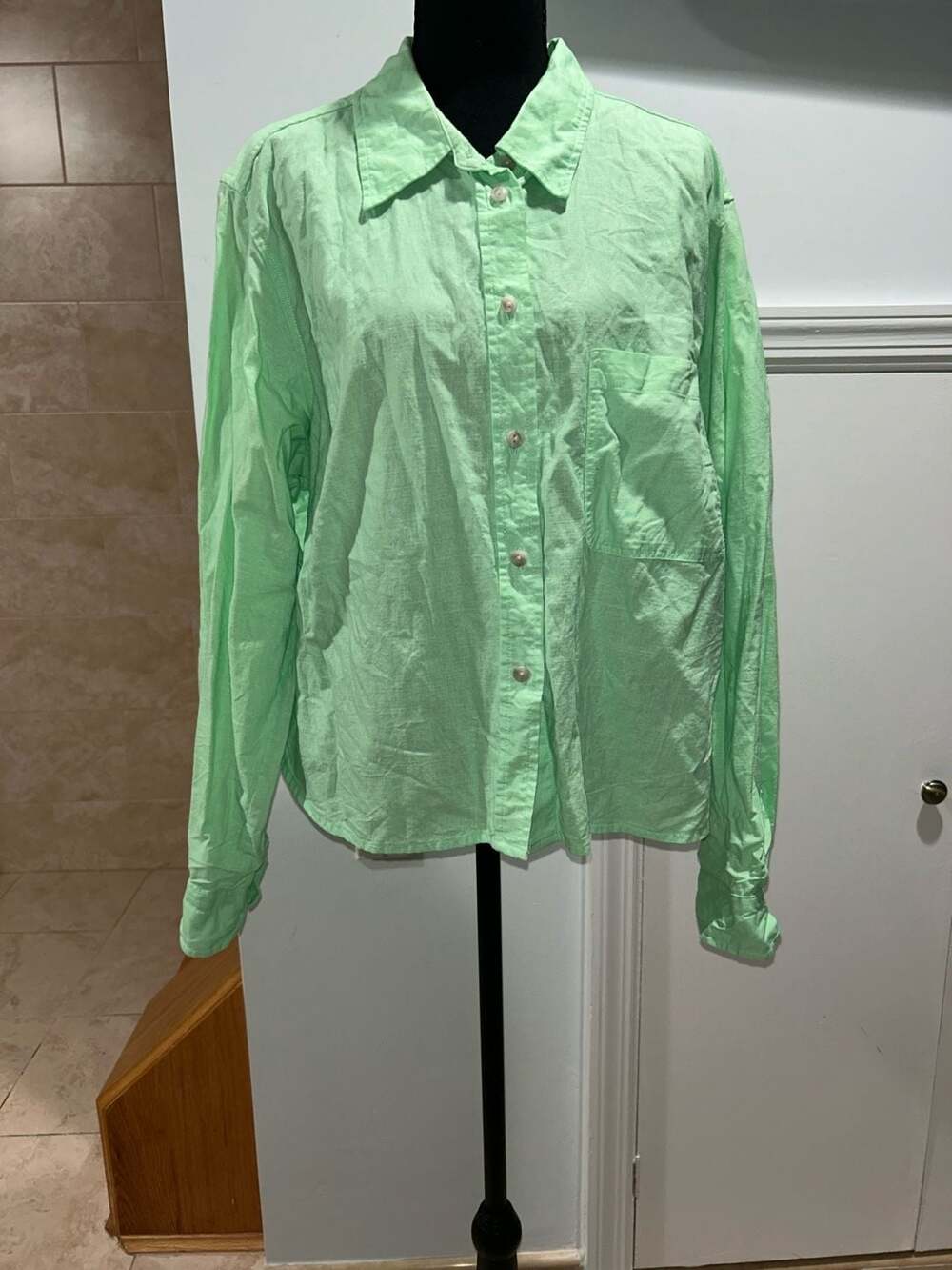 Universal Thread XXL NEW Women's 2X Linen Blend Cropped Long Sleeve Shirt Green